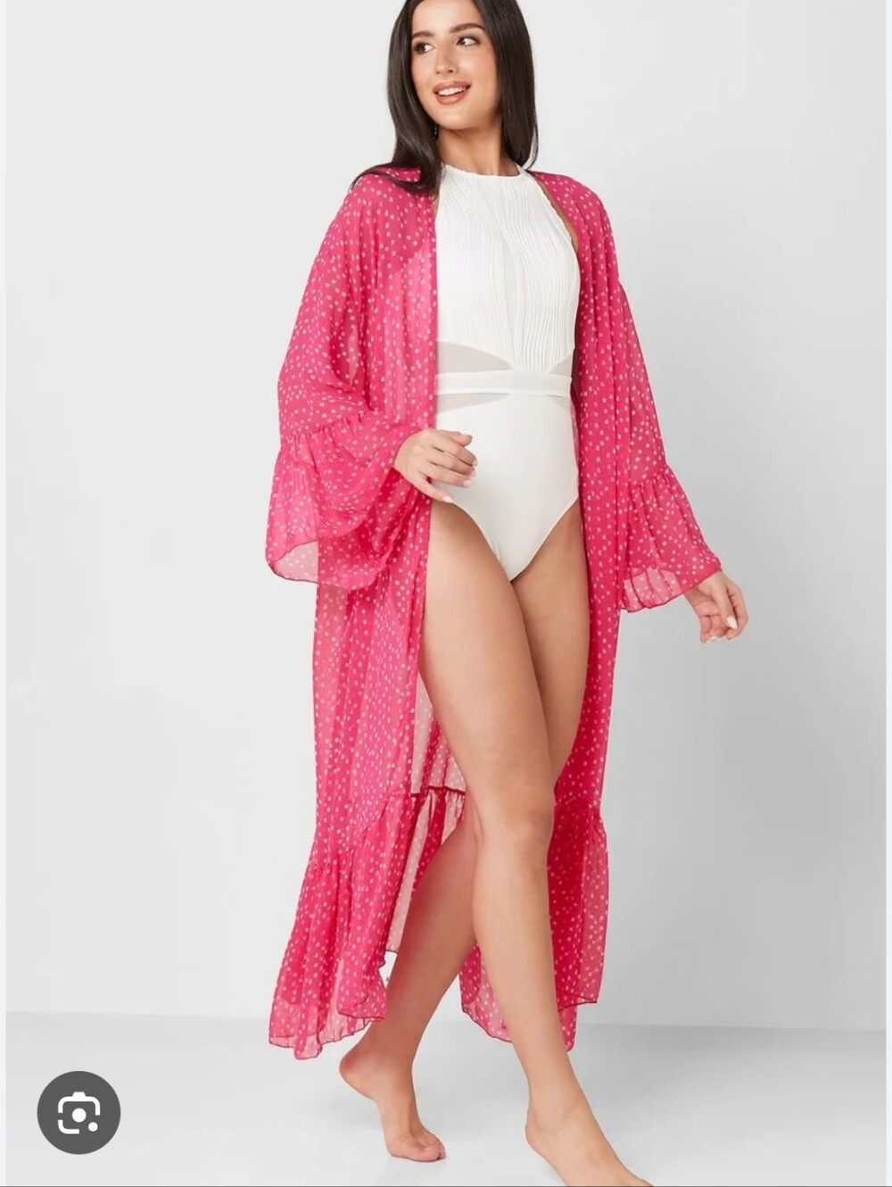 Hot Pink Polka Dot Sheer Duster Kimono Coverup